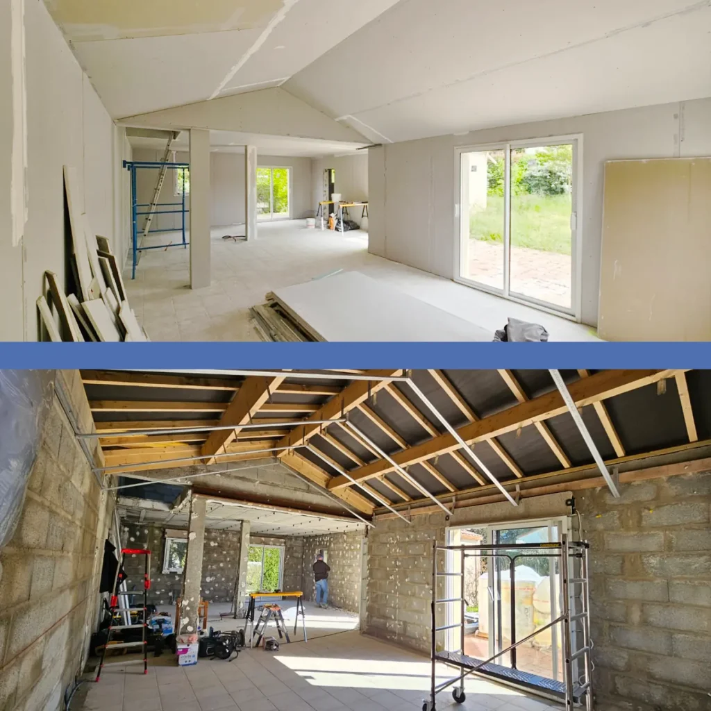 Transformation d'un bâtiment en parpaings avec plafonds suspendus et isolation à La Chapelle-Basse-Mer.