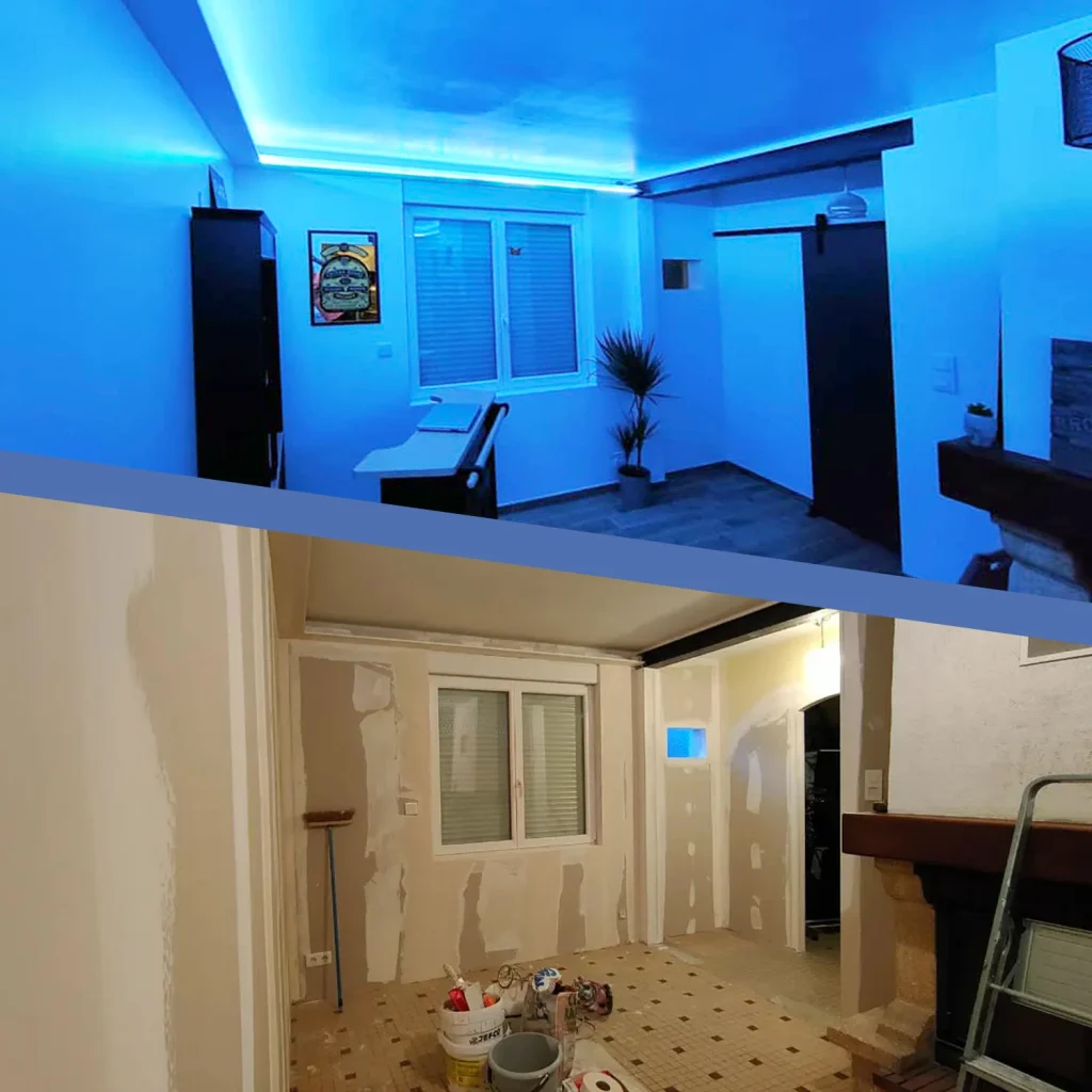 Création de corniches en plaques de plâtre pour intégration d'un ruban LED au Landreau.