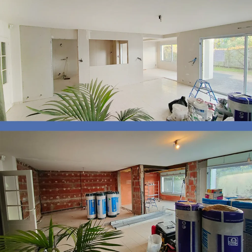 Isolation par l'intérieur, doublage et création de cloisons dans une extension à Sainte-Luce-sur-Loire.