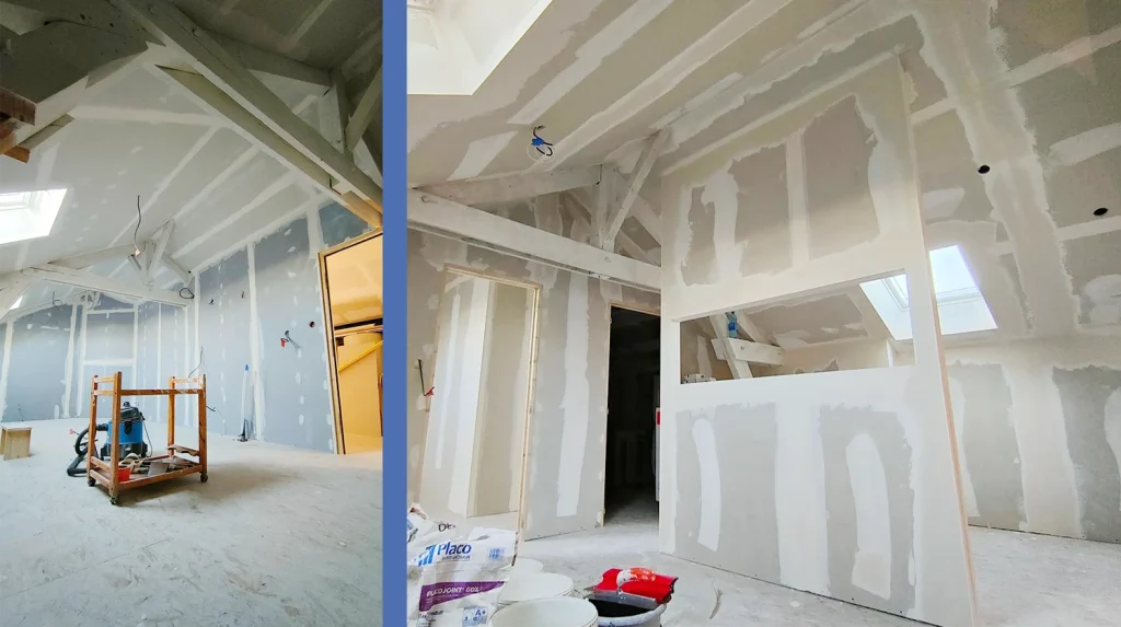 Application de bandes à joints et enduisage sur plaques de plâtre sous rampants à Cholet.