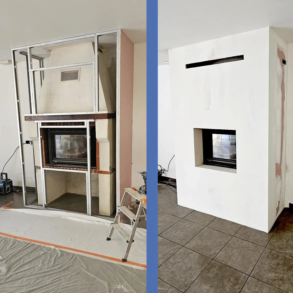 Création d'un habillage de cheminée moderne en plaques de plâtre avec grilles de ventilation à Vallet.