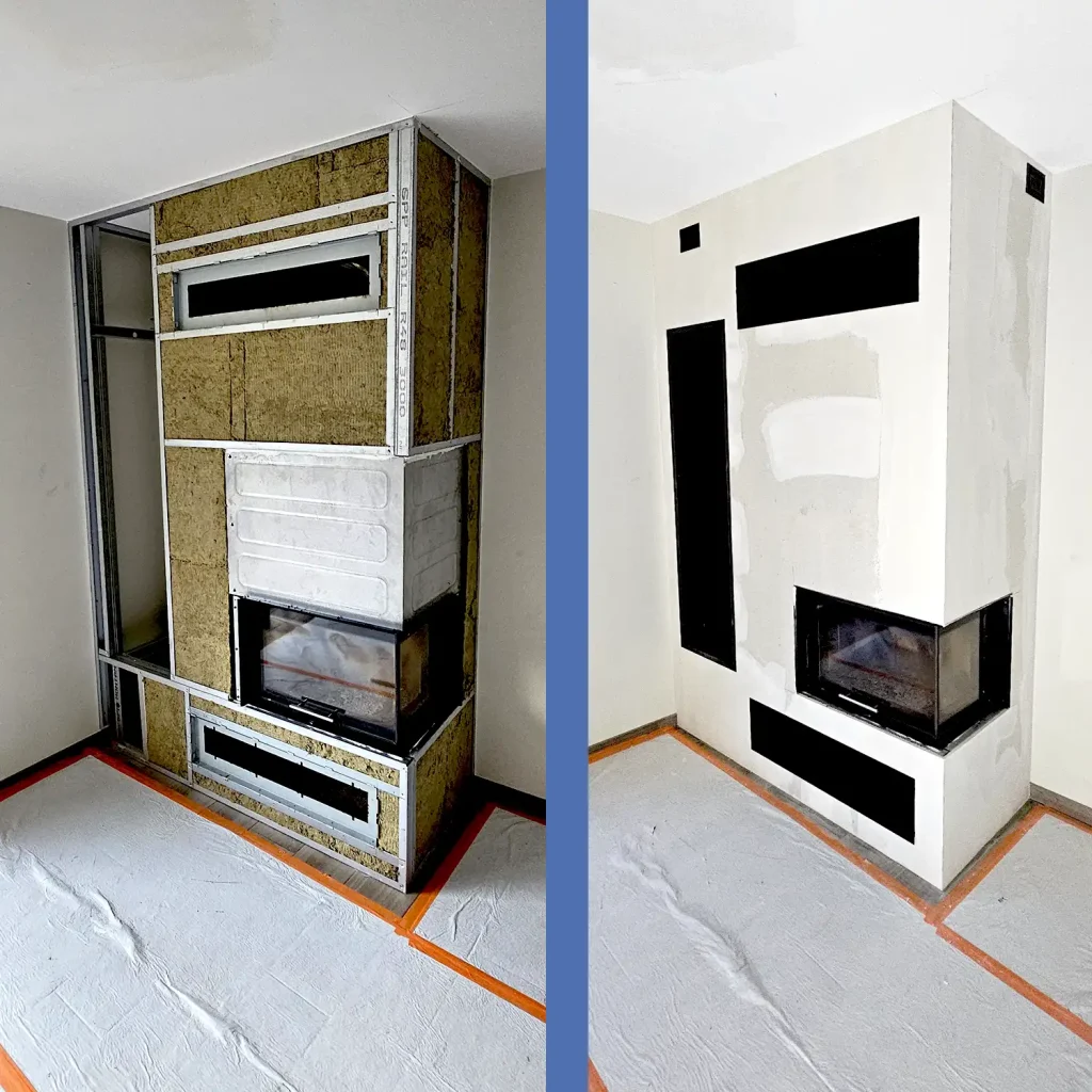 Coffrage de cheminée d'angle avec plaques de plâtre ignifugées et grilles de ventilation à Petit Mars.