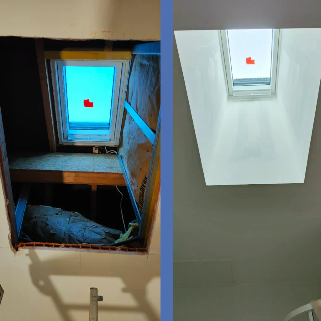Habillage en plaques de plâtre d'un puits de lumière sur Velux avec isolation thermique à Vallet.