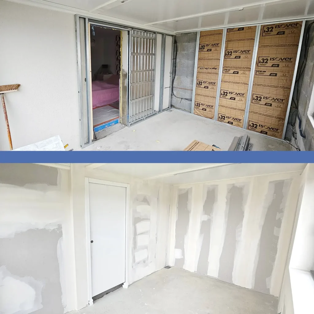 Intégration d'un châssis de porte à galandage dans une cloison en placo aux Sorinières.