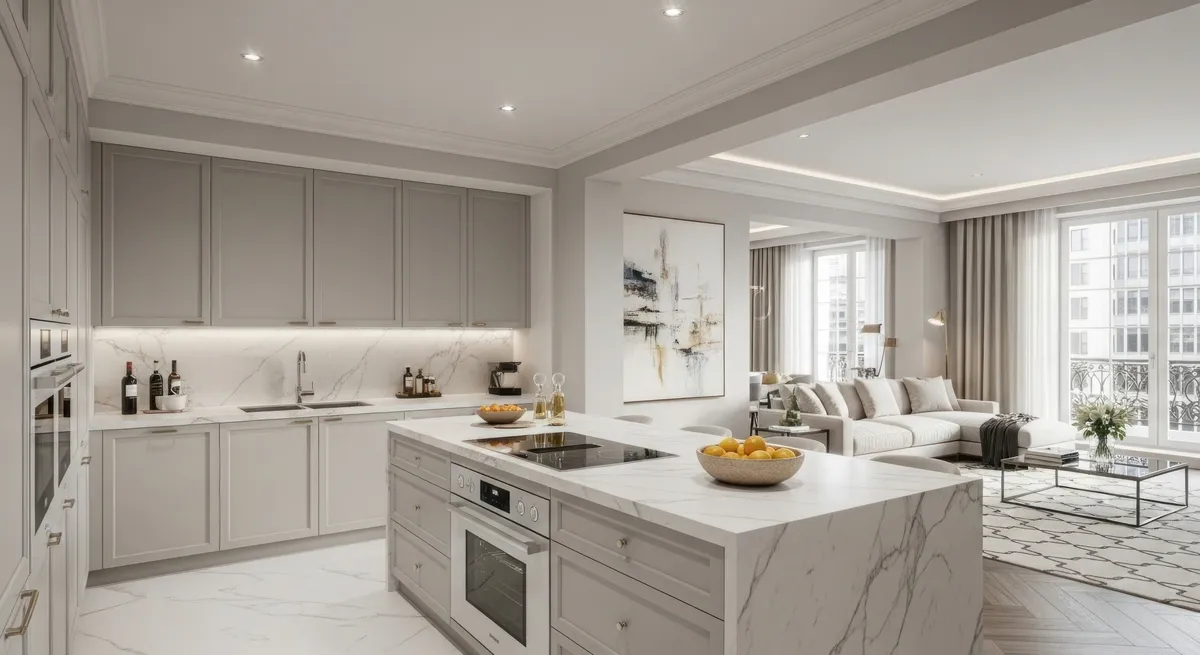 Ouverture de cuisine sur séjour avec création d'un îlot et coffrage technique en plâtre des éléments structurels porteurs du bâtiment
