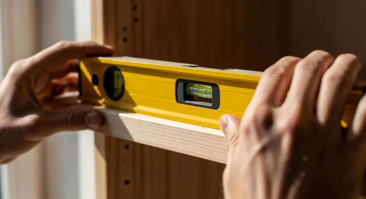 Vérification de l'aplomb et de l'équerrage d'un cadre de porte en bois lors de la pose d'huisserie