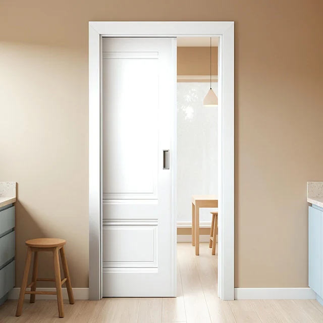 Huisserie et système à galandage posé pour cette porte postformée alliant tradition et modernité 