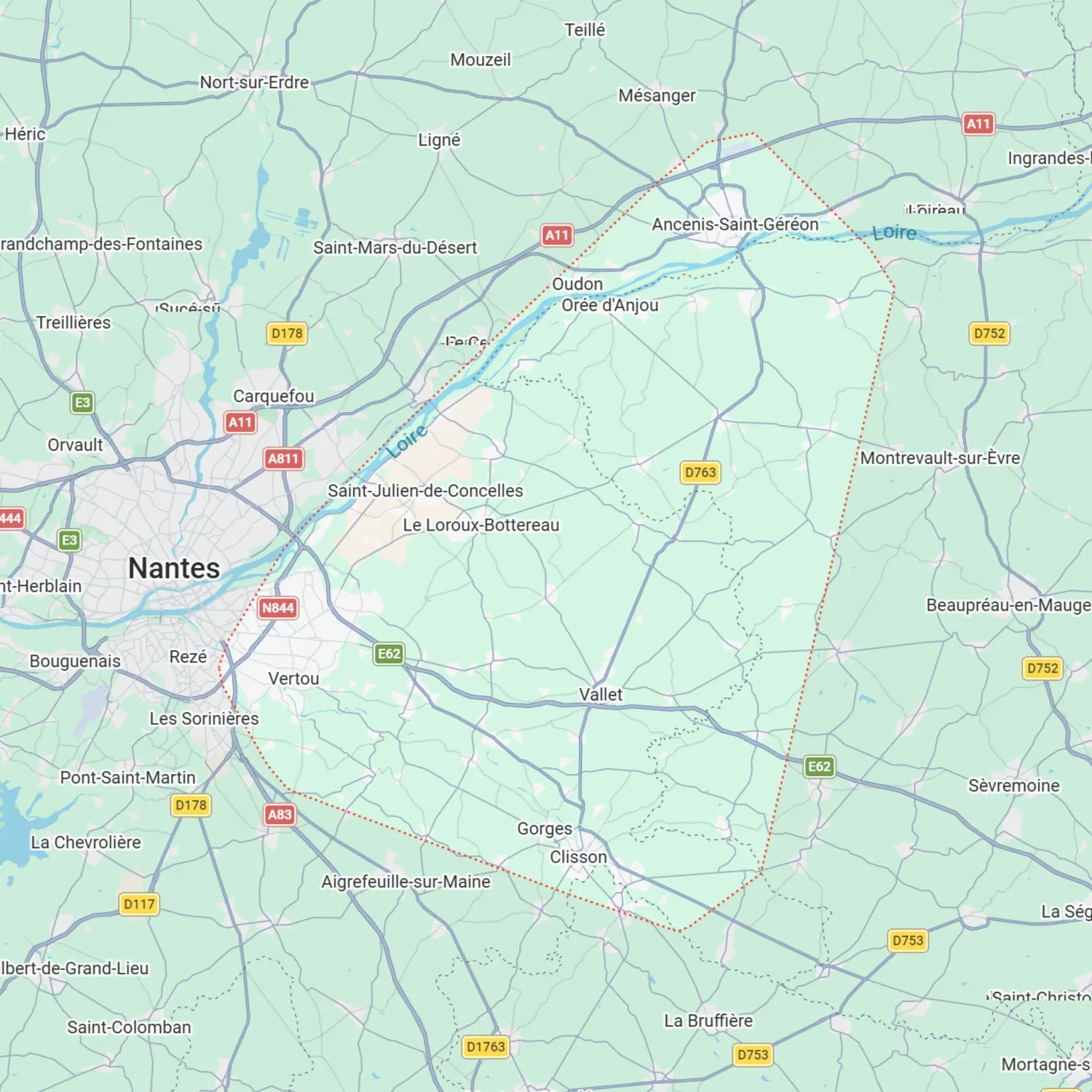 Carte du secteur d'intervention d'Aurélien Hoster : plâtrerie et isolation autour du Landreau, Nantes et Cholet